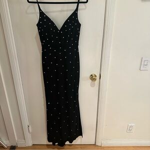 Mac Duggal spaghetti strap low back embellished black dress w/ slit on leg size2